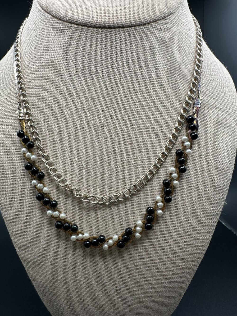 Vintage Necklace Lot 2 Pc Sarah Coventry Black White Beaded Korea Chain